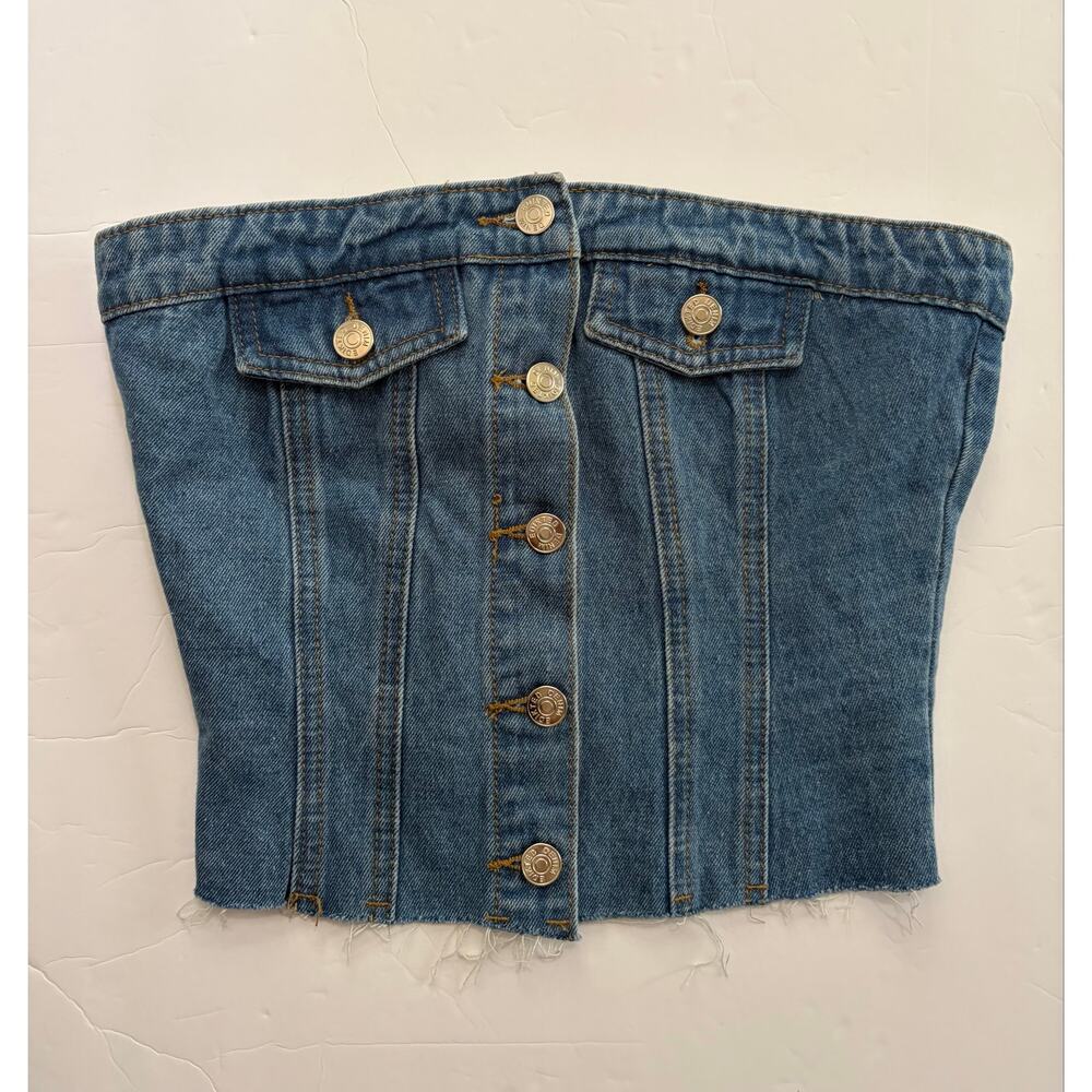 Edikted River Denim Strapless Top Med Blue 100% Cotton Smocked Back Y2K Tube Top